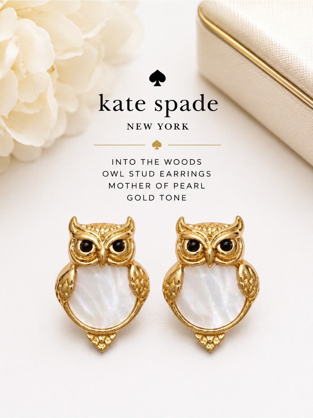 Kate Spade Into the Woods Owl Mother of Pearl Stud Earrings NWT